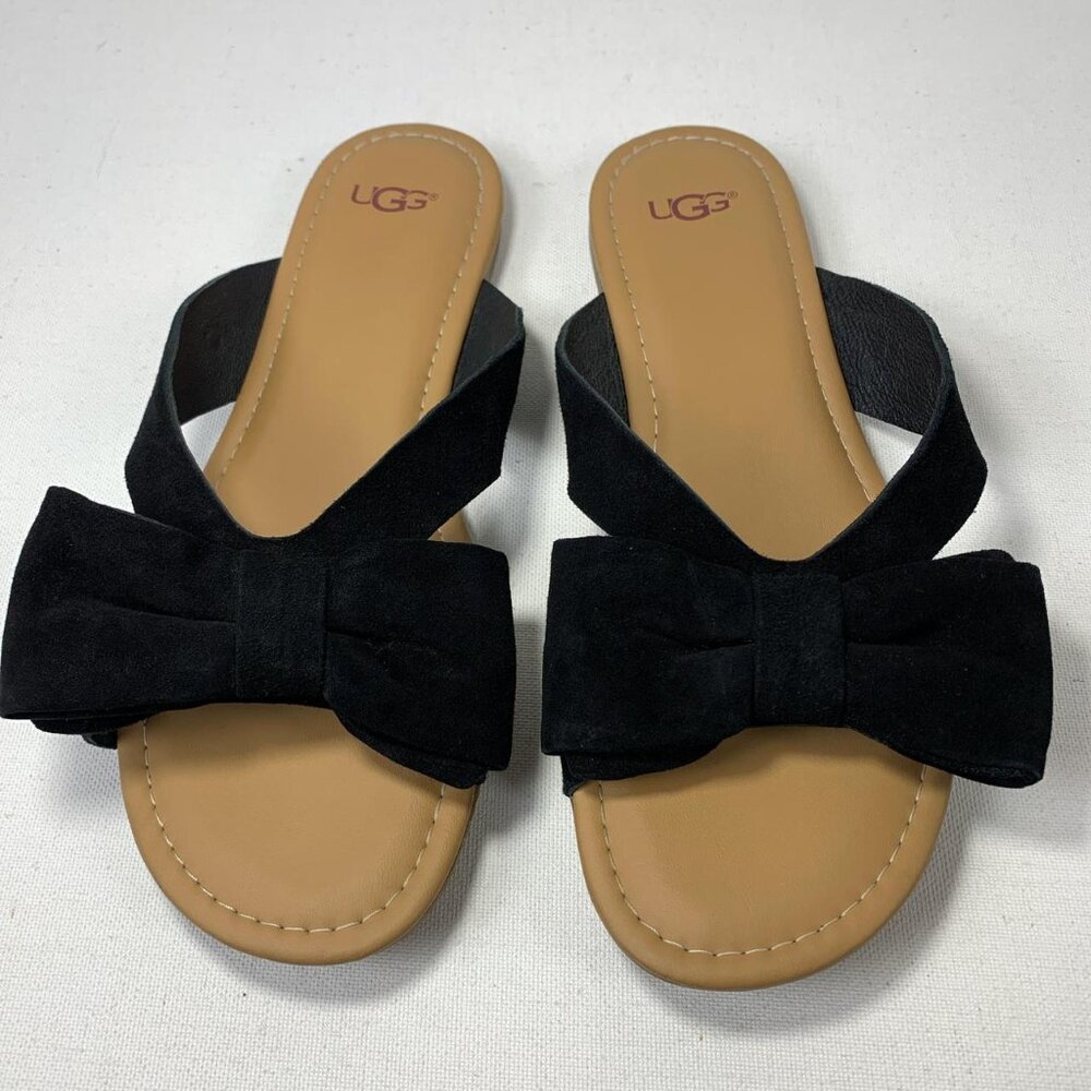 UGG Fonda Black Suede Bow Flip-Flop Sandals - Size 8/39 - Picture 2 of 8